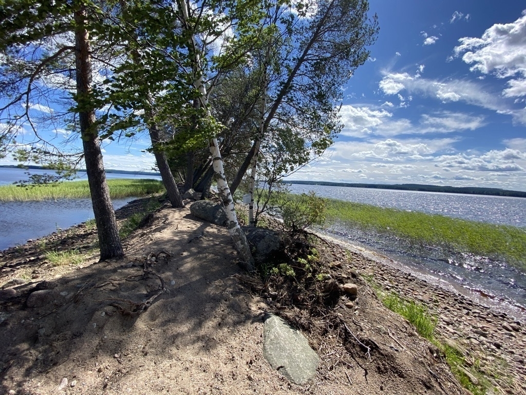 trees on a very narrow semi-island pointing both west and east, very narrow sandy and rocky path and a lake