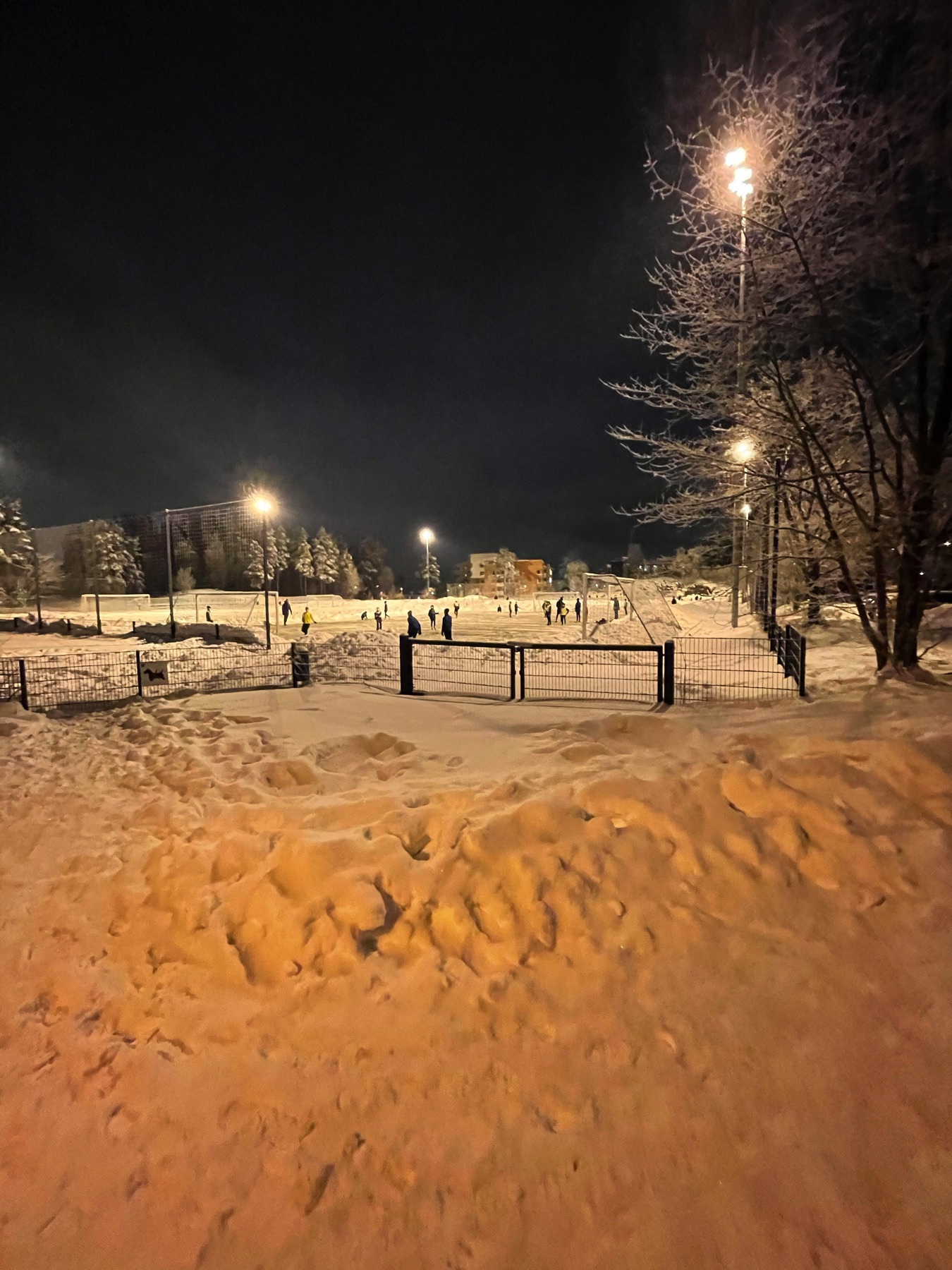 snow, football pitch with a plowed green patch 20+ kids playing soccer