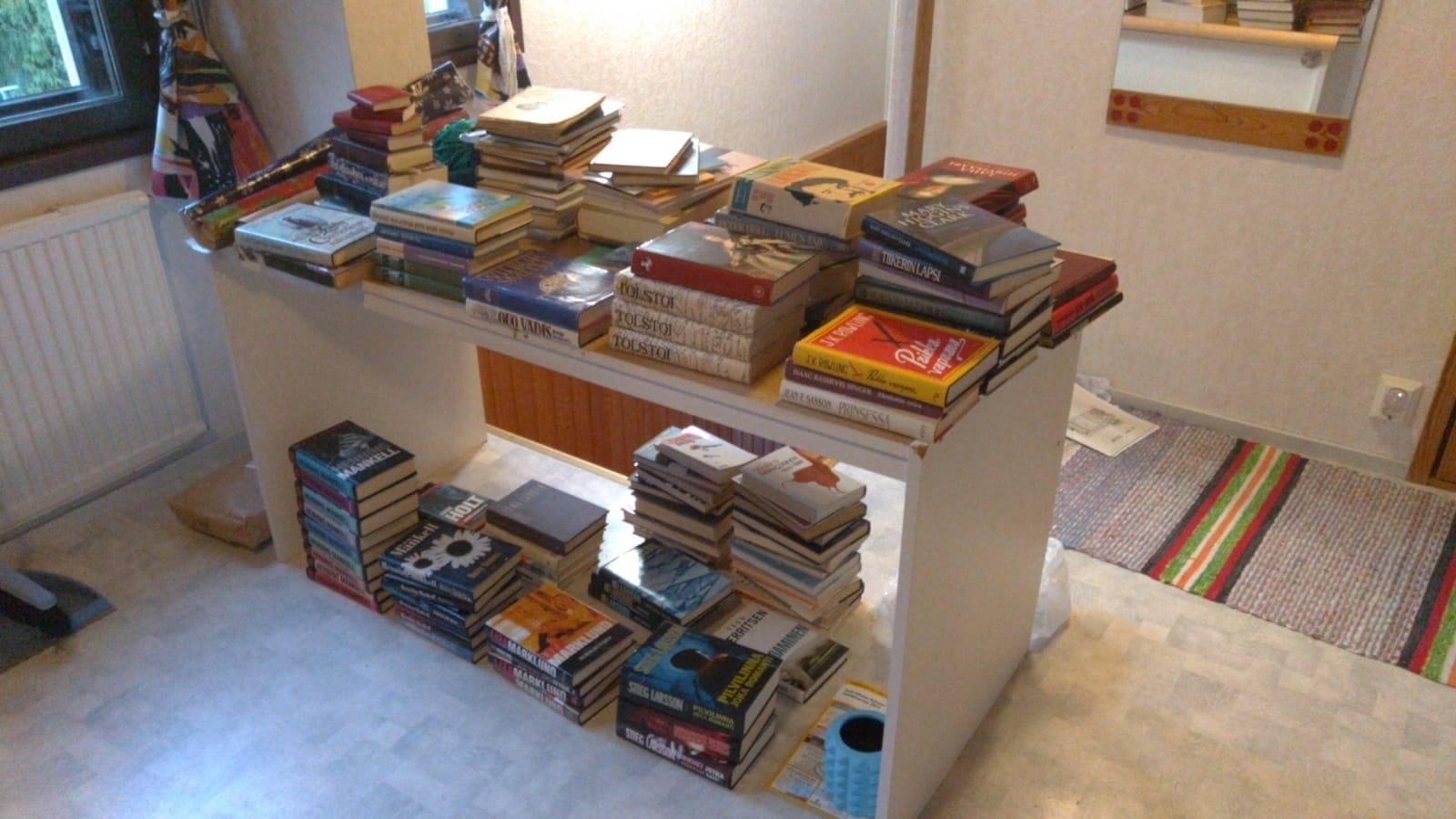 books on the floor, books on a desk, multitude of books