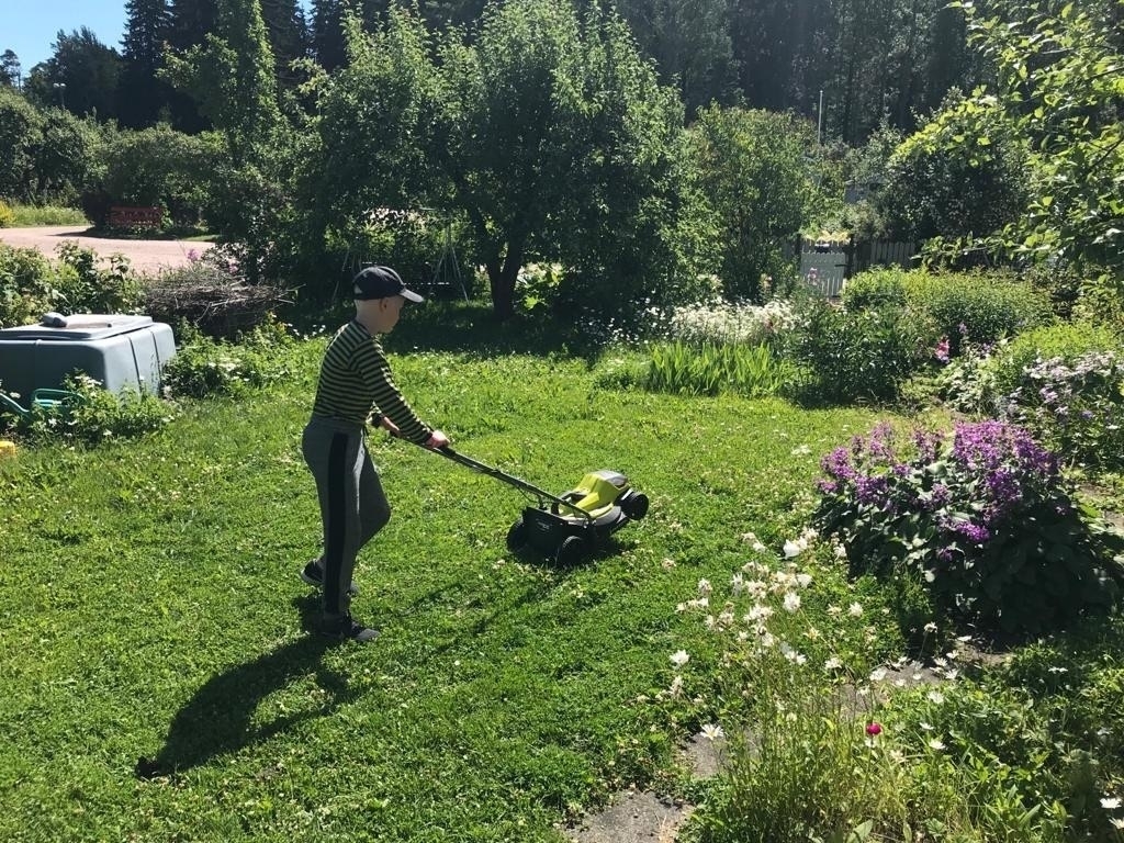 boy mowing the lawn, not really the dream job