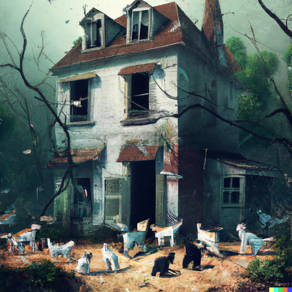 dall-e generated image of: rural house overrun by dozens of cats, partly collapsed, digital art