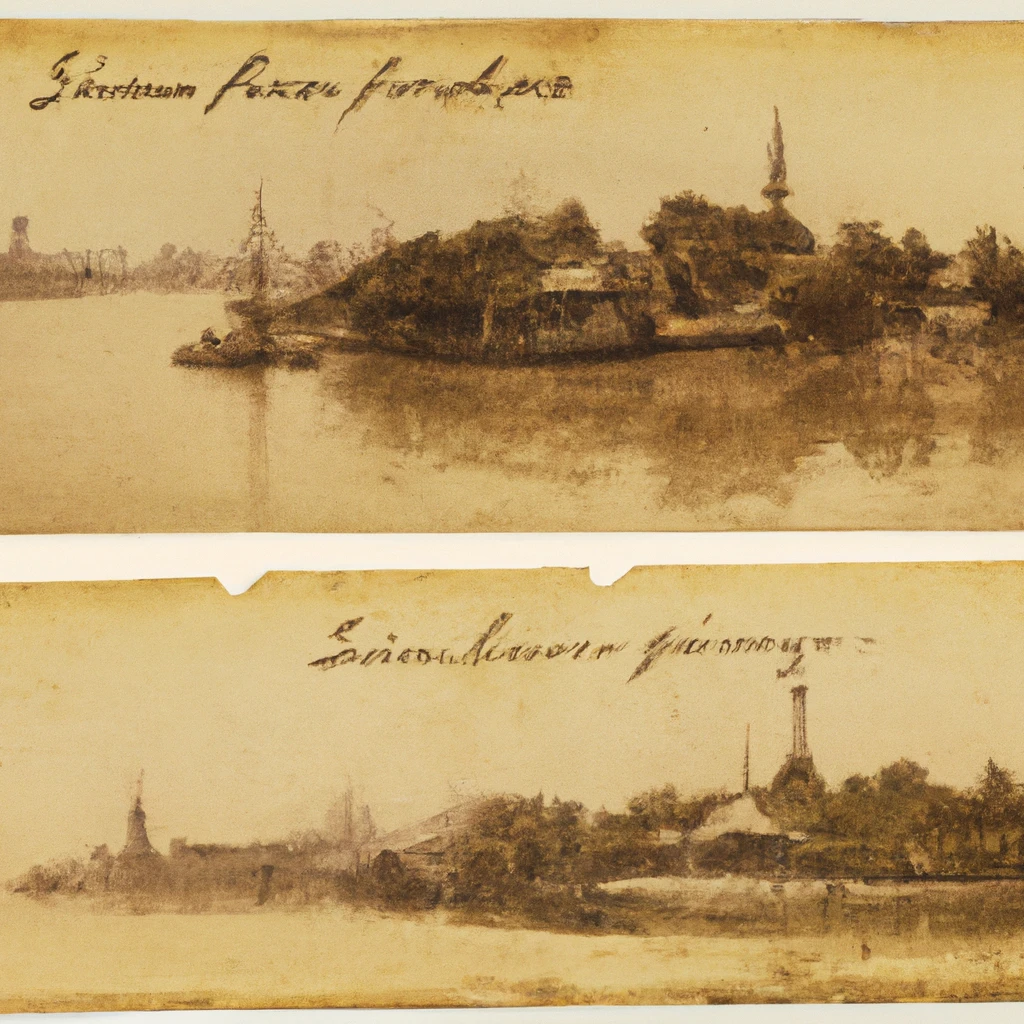 dall-e generated fake, vintage postcard with prompt "Post card, shanghai late 1800's, landscape photo, coffee-stained."