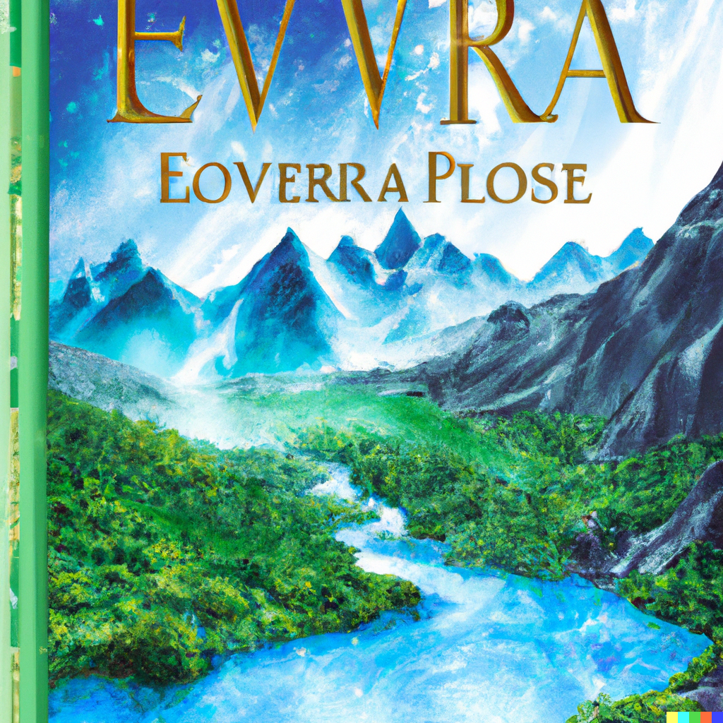 book cover of fantasy novel with mountains and a river. Text Evvra on the cover