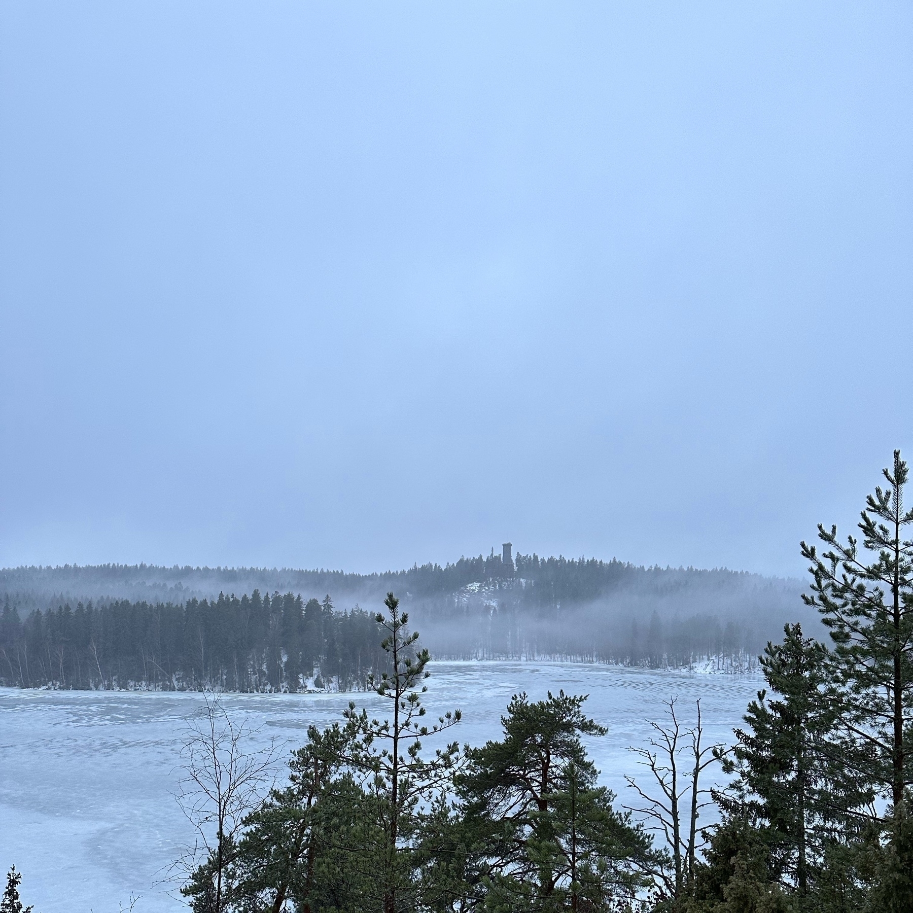lake, frozen over but water on ice, fog, pine trees and spruces, a tower on the other side of the like on top of a hill