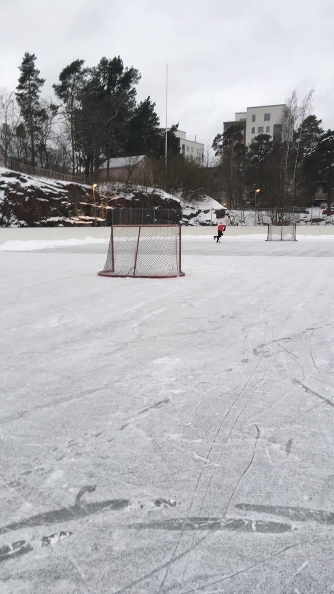 lonely kid skating and playing hockey