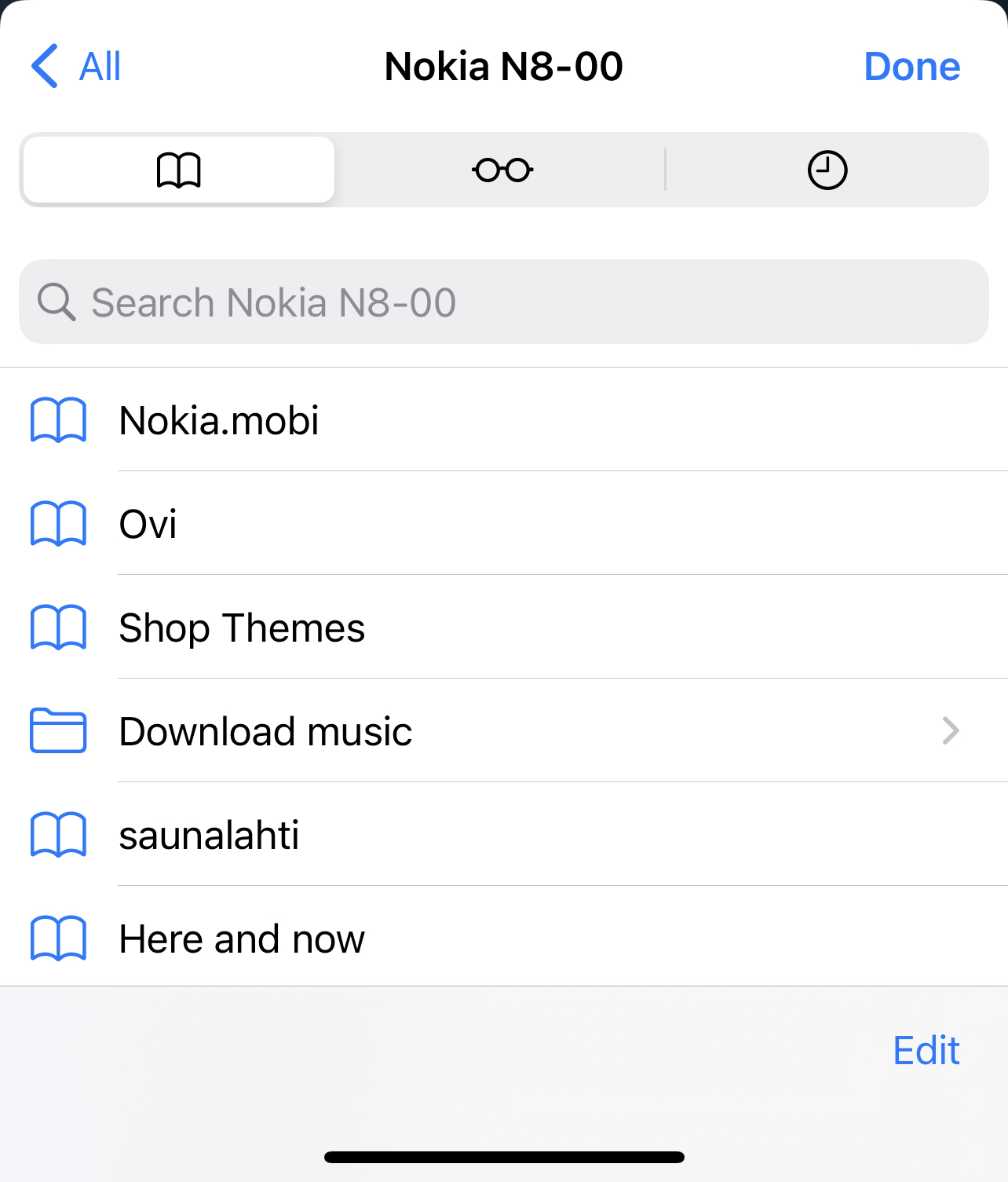 iphone bookmars folder labeled N8-00 having bookmarks of Noki properties from 2009