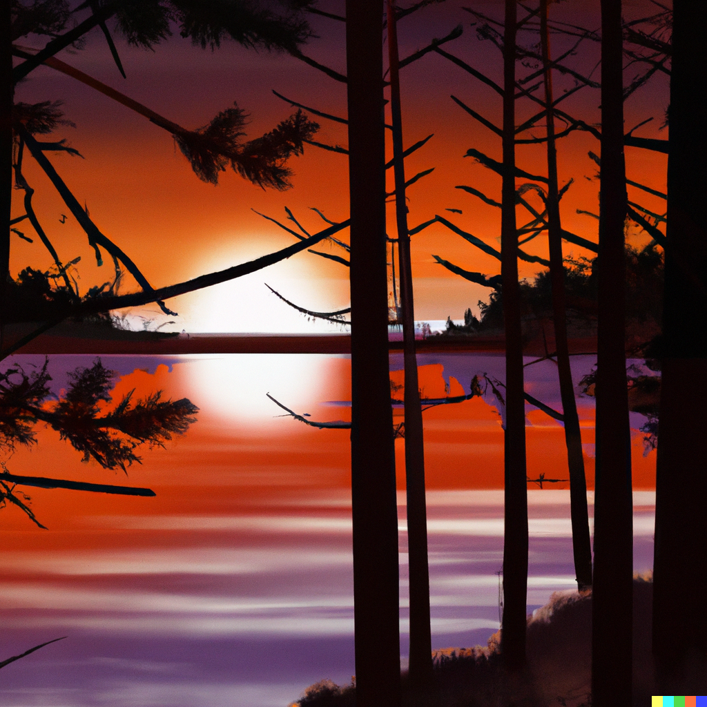 DALL-E generated image of a sunset over a Finnish lake, digital art