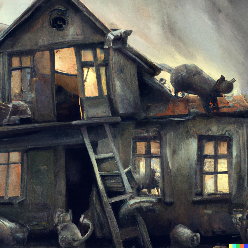dall-e generated image of: rural house overrun by dozens of cats, partly collapsed, digital art