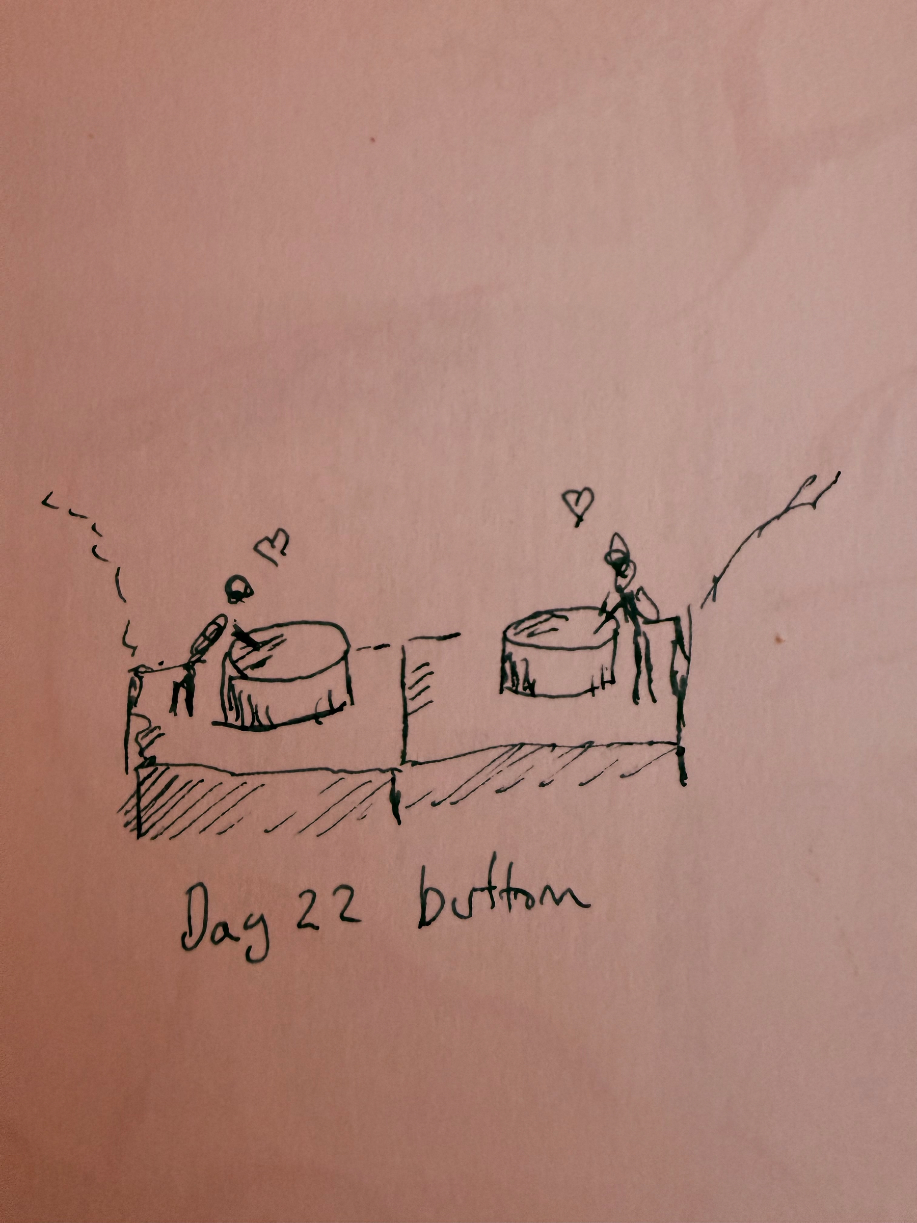 Two giant buttons and two little humans pushing them lovingly