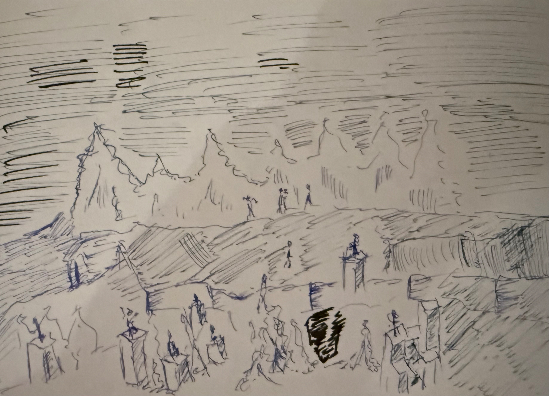 Rough scenes of hell. Fire. Screaming people. People on top of stone pilara