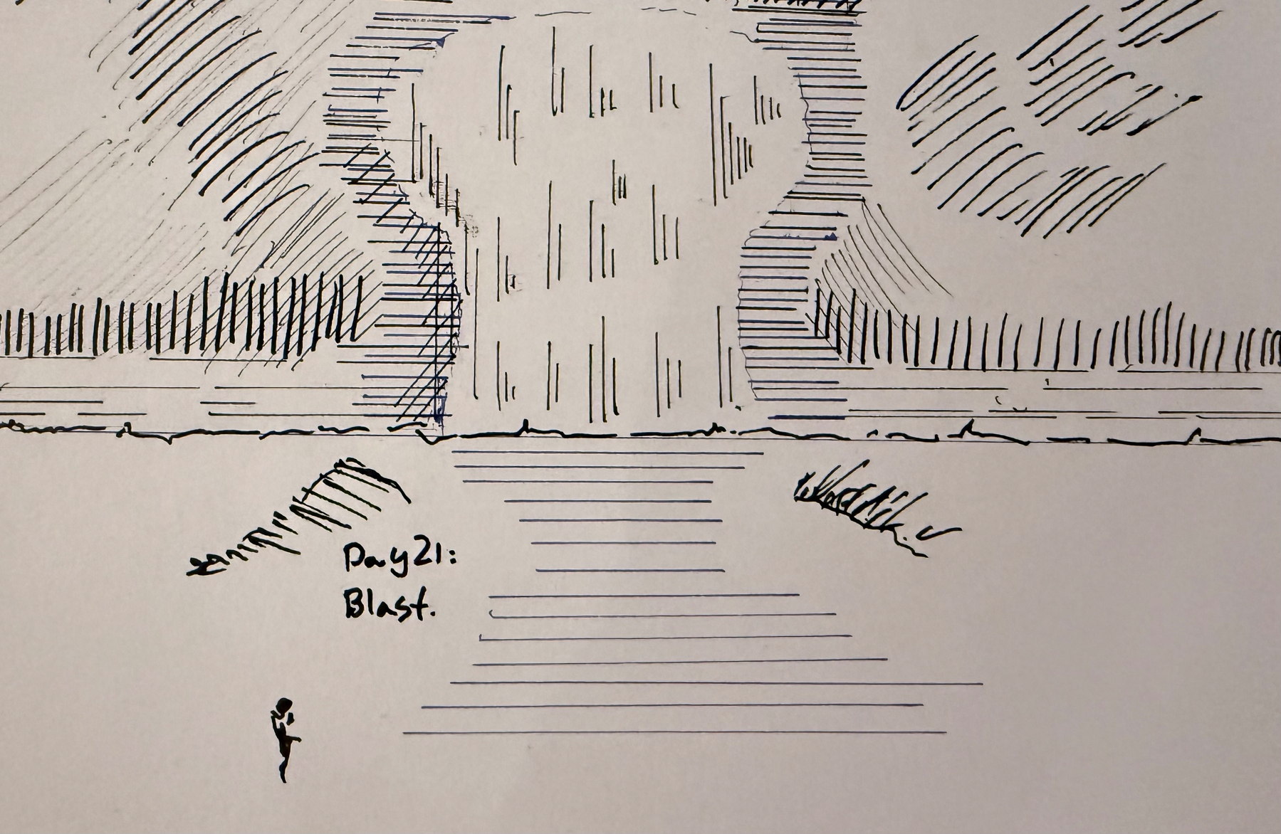 Suggestion of a mushroom cloud in negative space. Mostly horizontal and vertical lines creating a space where we see the flash of the explosion